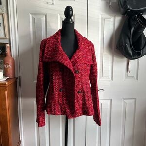 talbots | red wool blend tweed cropped wide lapel peacoat blazer